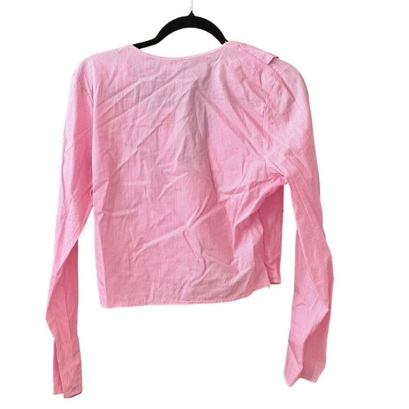 Freshman 1996 Women's L Pink & White Striped Ruffle Blouse Long Sleeve - Picture 2 of 6
